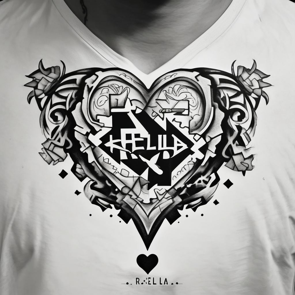 Puzzle piece neck tattoo where one of the pieces says Rella with an heart half sleeve tattoo designs for men, diseño de tatuaje Blanco y negro generado con IA